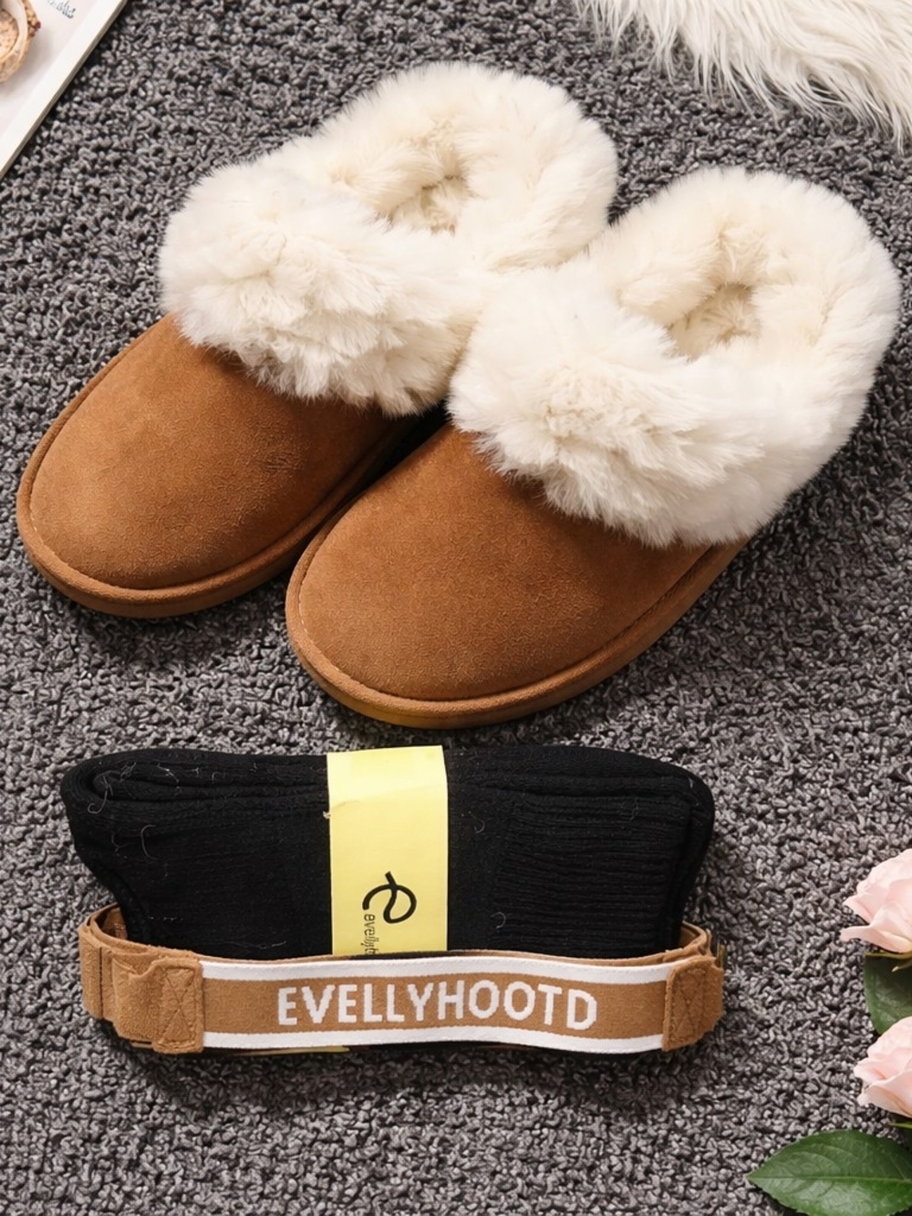 Evellyhootd Fuzzy Lined Platform Suede Leather Slippers in Chestnut w/Cream Fur